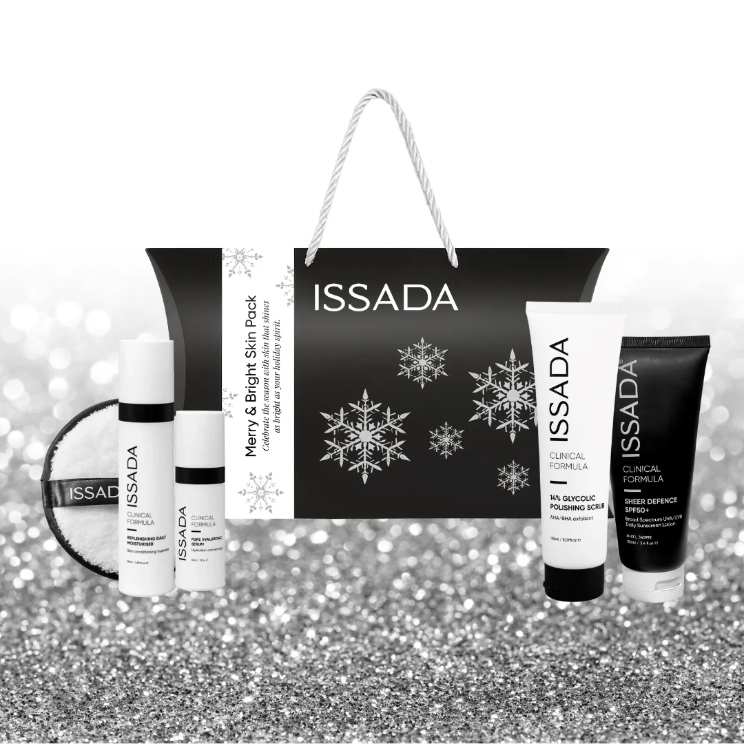 ISSADA skincare product set with a decorative box on a glittery background