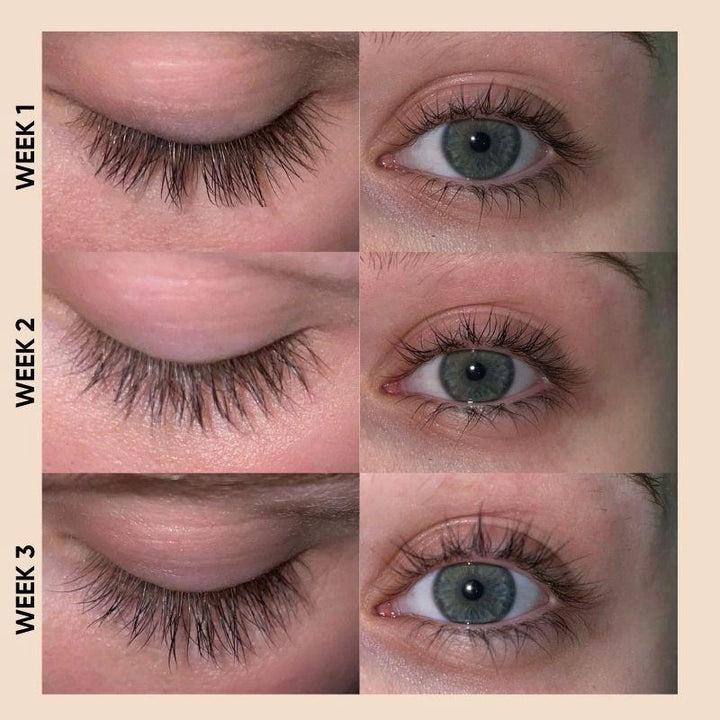 ISSADA Amplify Lash Serum results showing natural eyelash growth progress from week 1 to week 3
