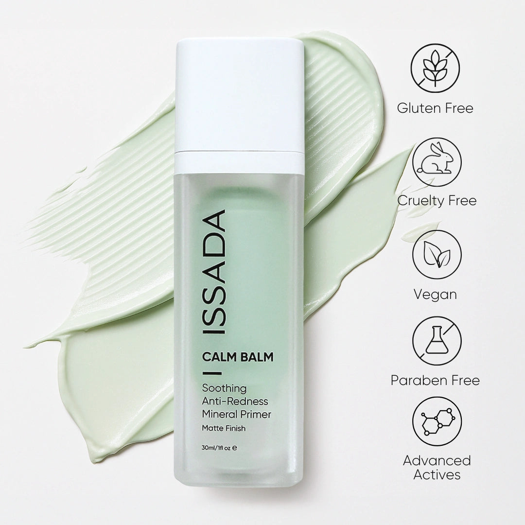 Issada Calm Balm Soothing Anti-Redness Mineral Primer with green cream texture and icons showing it is gluten free, cruelty free, vegan, paraben free, and formulated with advanced actives Issada Calm Balm Soothing Anti-Redness Mineral Primer with green cream texture and icons showing it is gluten free, cruelty free, vegan, paraben free, and formulated with advanced actives