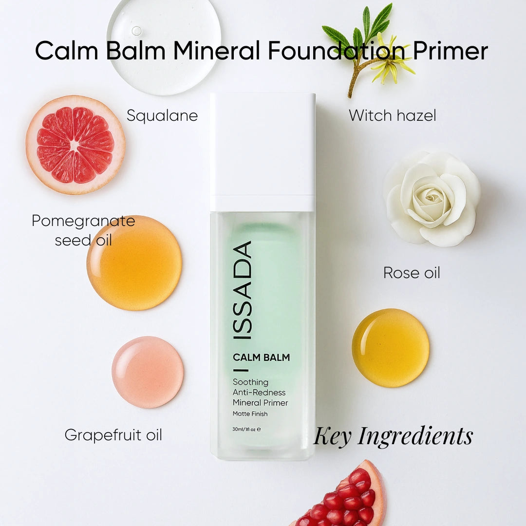 Issada Calm Balm Mineral Foundation Primer with key ingredients including squalane, witch hazel, rose oil, pomegranate seed oil, and grapefruit oil displayed around the bottle Issada Calm Balm Mineral Foundation Primer with key ingredients including squalane, witch hazel, rose oil, pomegranate seed oil, and grapefruit oil displayed around the bottle