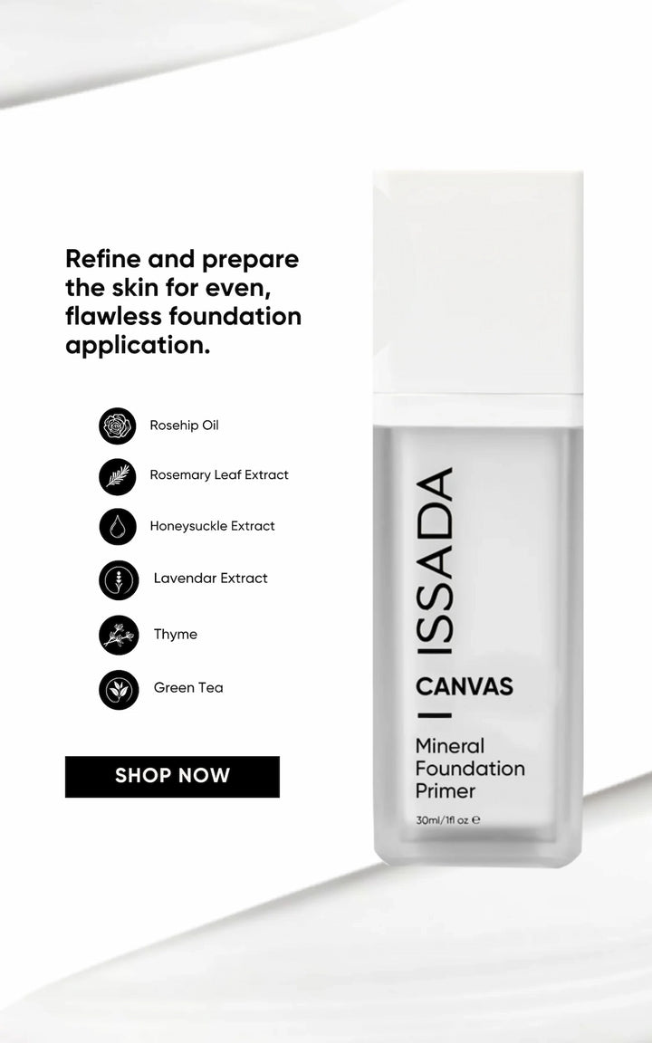 ISSADA Canvas Mineral Foundation Primer bottle with product details on a white background