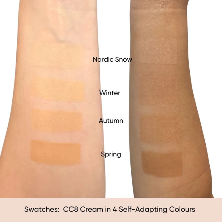 Swatches of ISSADA CC8 Cream in four self-adapting colours on a person's arm.