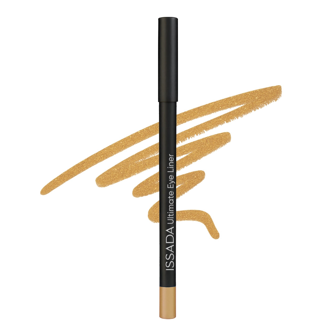 Issada Ultimate Eye Liner in Cleopatra, a gold eyeliner pencil shown with a shimmering metallic gold swatch behind it. Issada Ultimate Eye Liner in Cleopatra, a gold eyeliner pencil shown with a shimmering metallic gold swatch behind it.