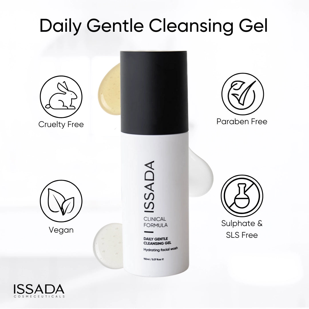 Issada Daily Gentle Cleansing Gel with icons highlighting key benefits: cruelty free, vegan, paraben free, and sulphate & SLS free. Issada Daily Gentle Cleansing Gel with icons highlighting key benefits: cruelty free, vegan, paraben free, and sulphate & SLS free.
