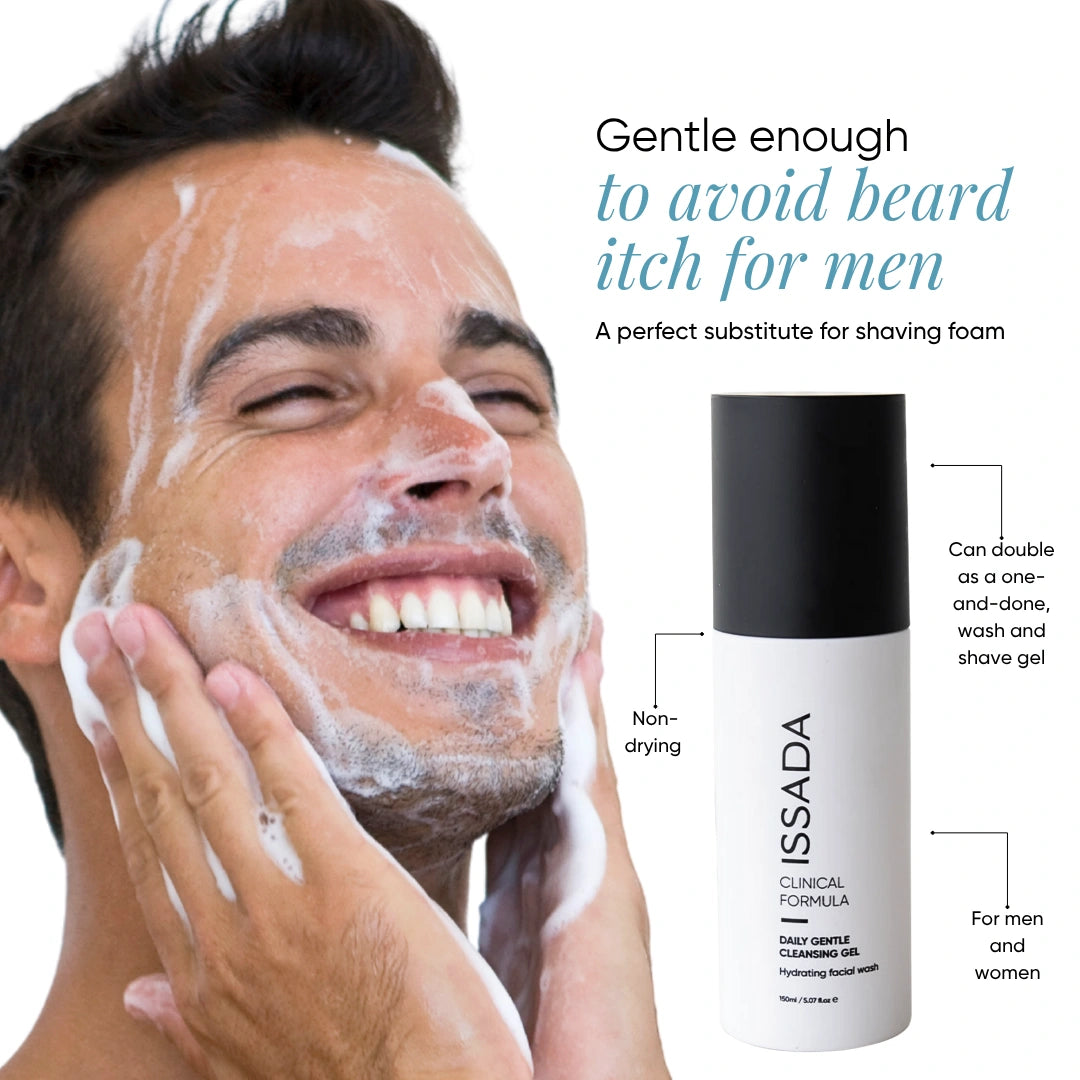 Issada Daily Gentle Cleansing Gel infographic showing man washing face, highlighting gentle formula to prevent beard itch and act as a substitute for shaving foam. Issada Daily Gentle Cleansing Gel infographic showing man washing face, highlighting gentle formula to prevent beard itch and act as a substitute for shaving foam.