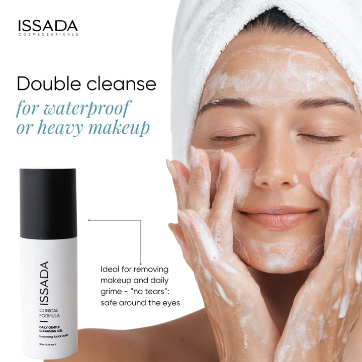 Issada Daily Gentle Cleansing Gel infographic showing woman double cleansing to remove waterproof or heavy makeup, gentle and safe around the eyes.