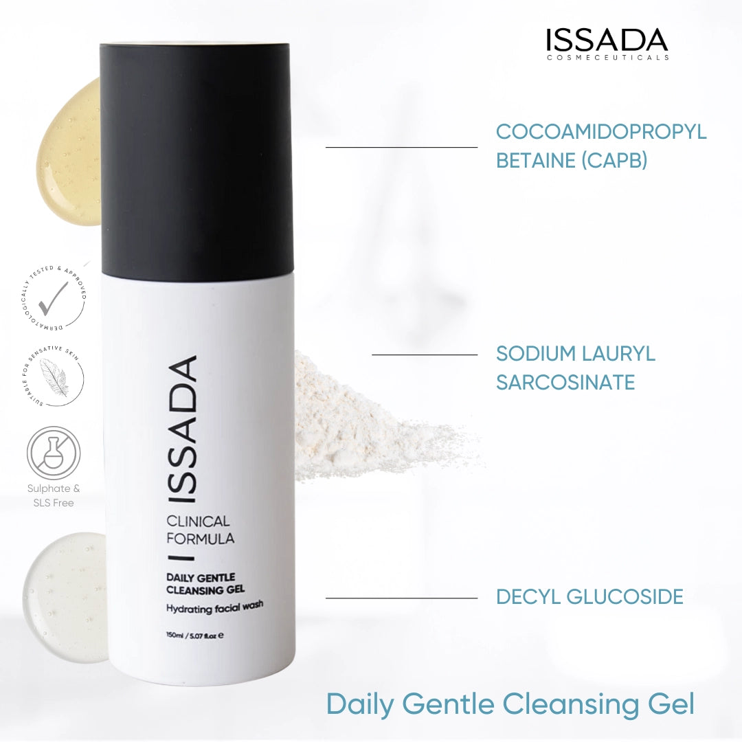 Issada Daily Gentle Cleansing Gel highlighting key ingredients Cocoamidopropyl Betaine, Sodium Lauryl Sarcosinate, and Decyl Glucoside. Issada Daily Gentle Cleansing Gel highlighting key ingredients Cocoamidopropyl Betaine, Sodium Lauryl Sarcosinate, and Decyl Glucoside.