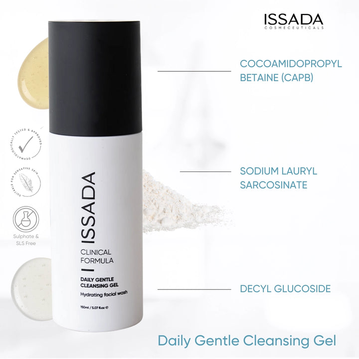 Issada Daily Gentle Cleansing Gel highlighting key ingredients Cocoamidopropyl Betaine, Sodium Lauryl Sarcosinate, and Decyl Glucoside.