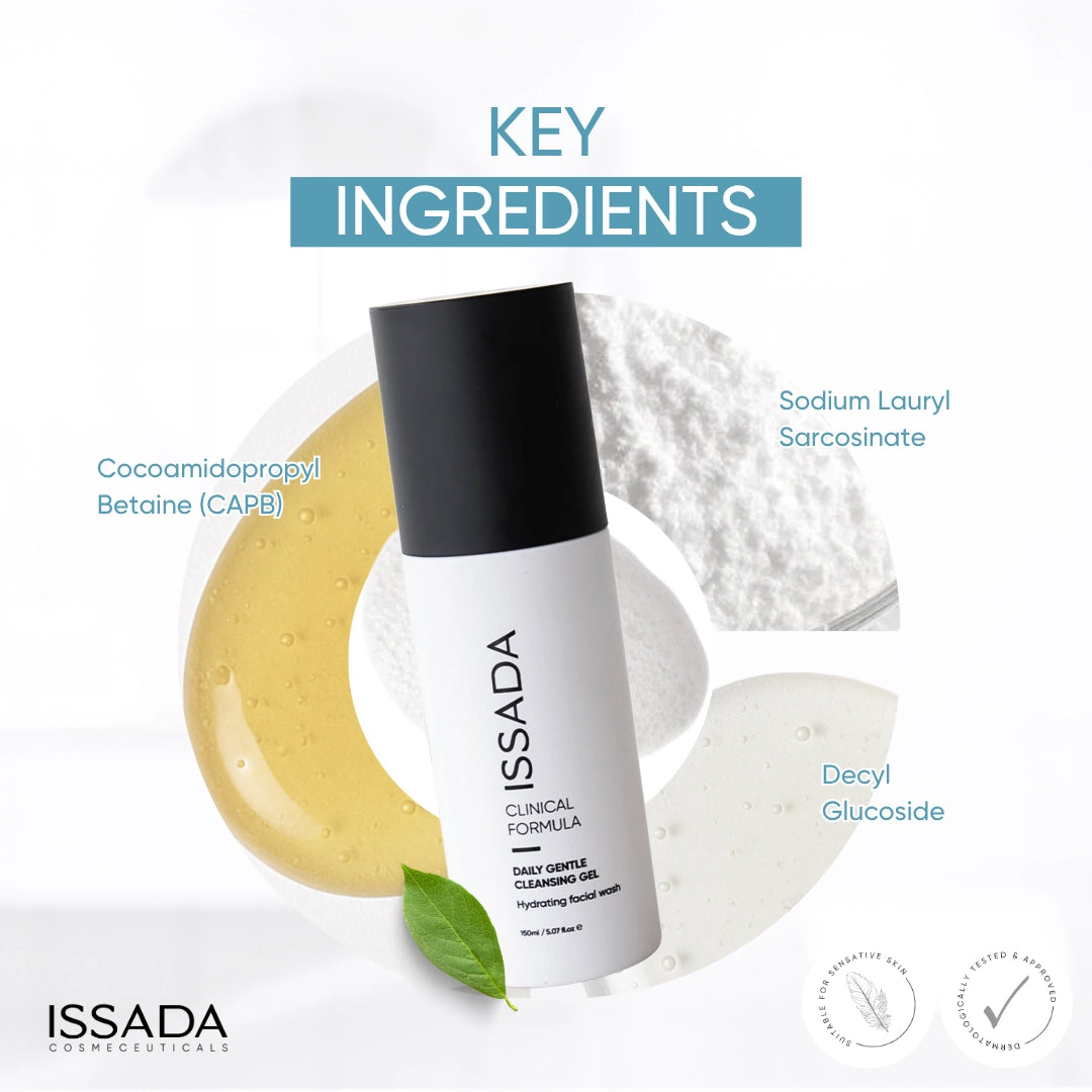 Issada Daily Gentle Cleansing Gel with key ingredients Cocoamidopropyl Betaine, Sodium Lauryl Sarcosinate, and Decyl Glucoside. Issada Daily Gentle Cleansing Gel with key ingredients Cocoamidopropyl Betaine, Sodium Lauryl Sarcosinate, and Decyl Glucoside.