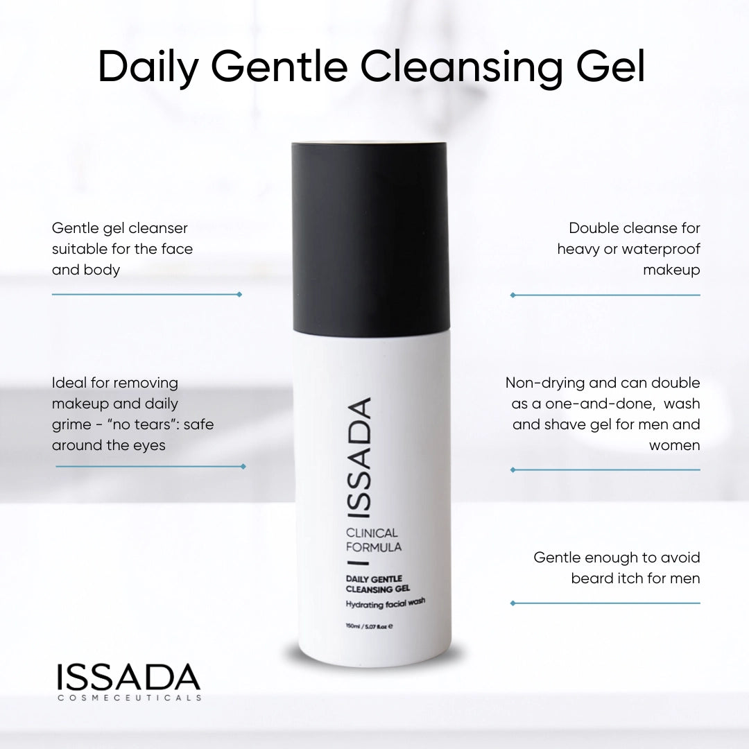 Issada Daily Gentle Cleansing Gel infographic highlighting features such as gentle gel formula, double cleanse for makeup, non-drying, and suitable for men and women. Issada Daily Gentle Cleansing Gel infographic highlighting features such as gentle gel formula, double cleanse for makeup, non-drying, and suitable for men and women.