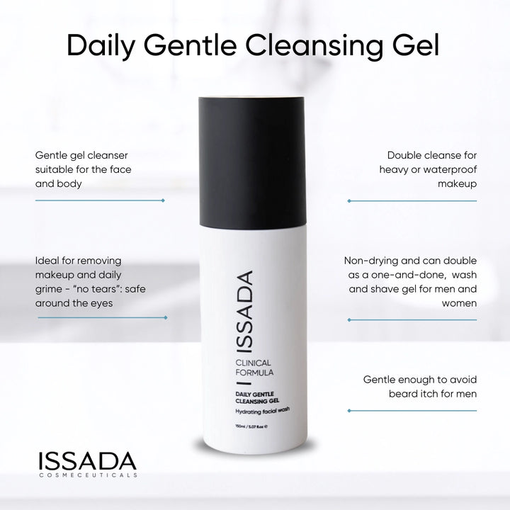 Issada Daily Gentle Cleansing Gel infographic highlighting features such as gentle gel formula, double cleanse for makeup, non-drying, and suitable for men and women.