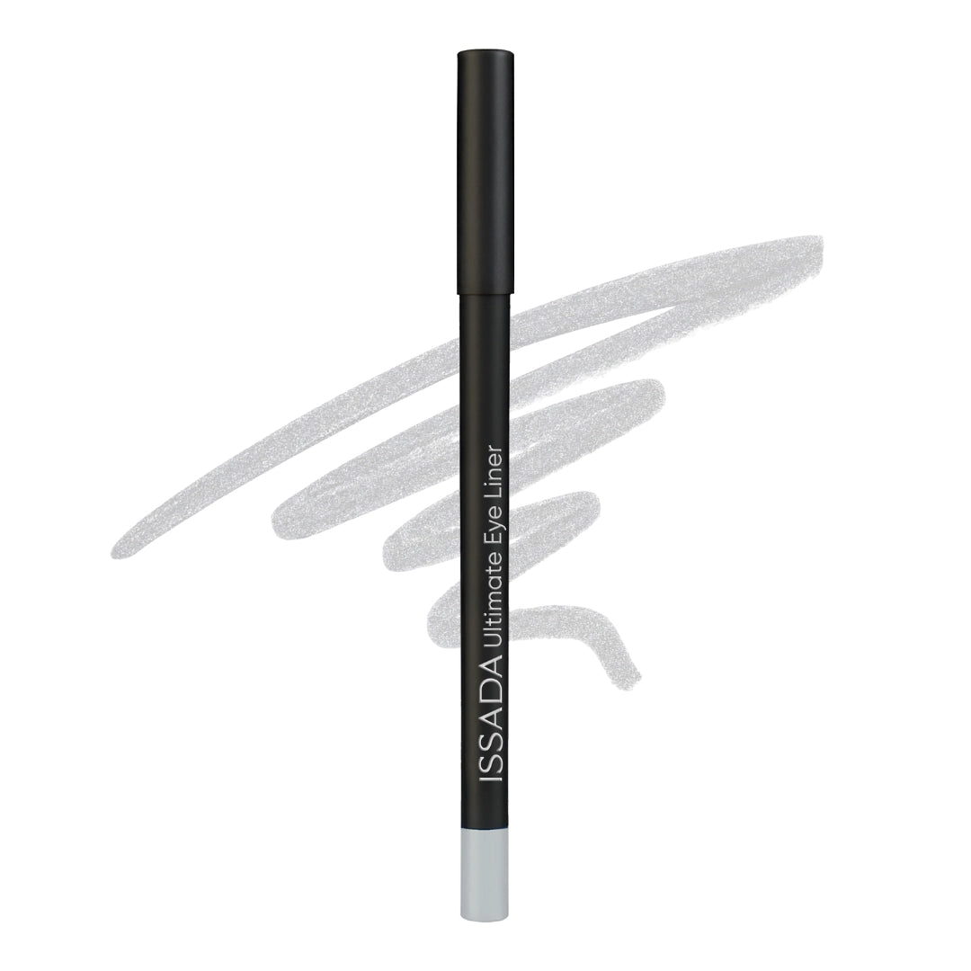 Issada Ultimate Eye Liner in Diamond, a shimmering silver eyeliner pencil displayed with a smooth metallic swatch behind it. Issada Ultimate Eye Liner in Diamond, a shimmering silver eyeliner pencil displayed with a smooth metallic swatch behind it.