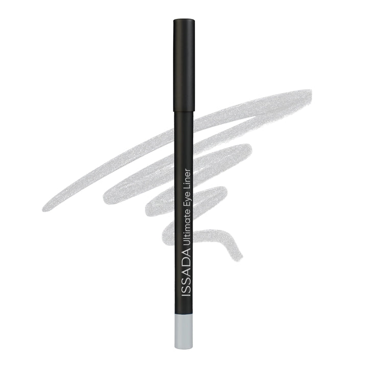 Issada Ultimate Eye Liner in Diamond, a shimmering silver eyeliner pencil displayed with a smooth metallic swatch behind it.