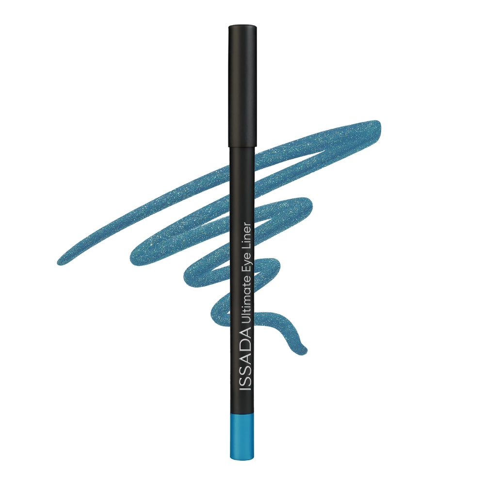 Issada Ultimate Eye Liner in Envy Me, a shimmering teal-blue pencil eyeliner with a smooth color swatch drawn behind it.