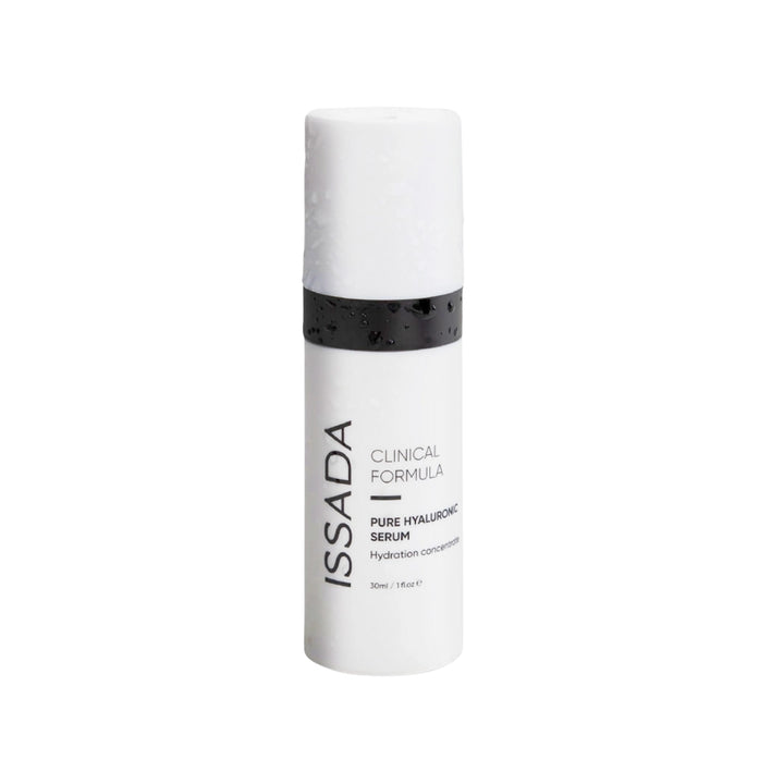 Issada Clinical Formula Pure Hyaluronic Serum bottle standing upright with sleek white packaging and black band, emphasizing deep hydration benefits.