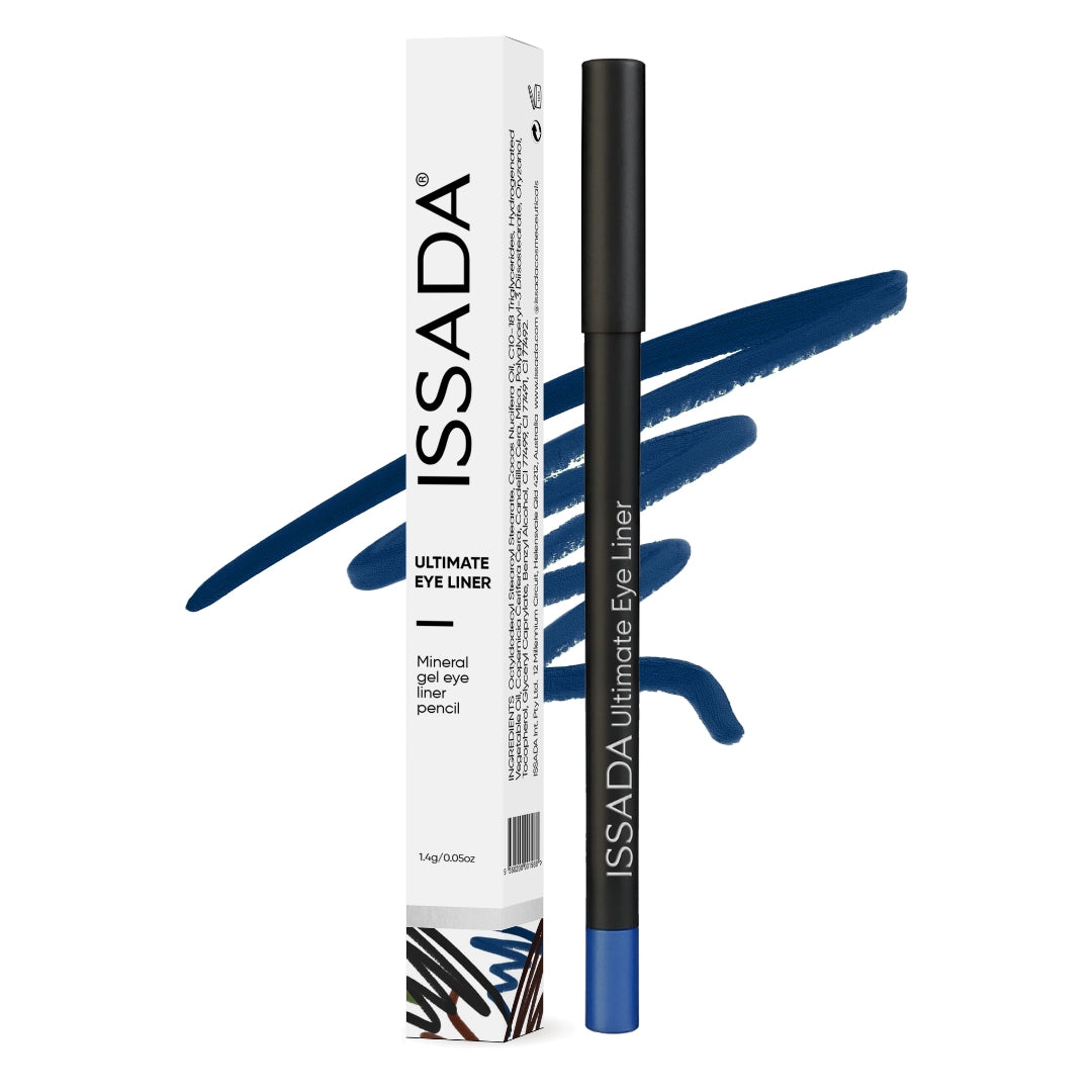 Issada Ultimate Eye Liner in Kyanie, a rich sapphire blue mineral gel eyeliner pencil shown with matching blue swatch and product box. Issada Ultimate Eye Liner in Kyanie, a rich sapphire blue mineral gel eyeliner pencil shown with matching blue swatch and product box.