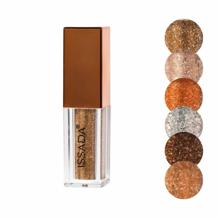 ISSADA Liquid Metal Eyeshadow with six shimmering metallic shades in gold, copper, bronze, chrome, brass tones on a white background
