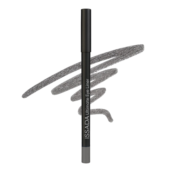 Issada Ultimate Eye Liner in Mercury, a metallic silver-grey eyeliner pencil with a shimmering grey swatch drawn behind it.