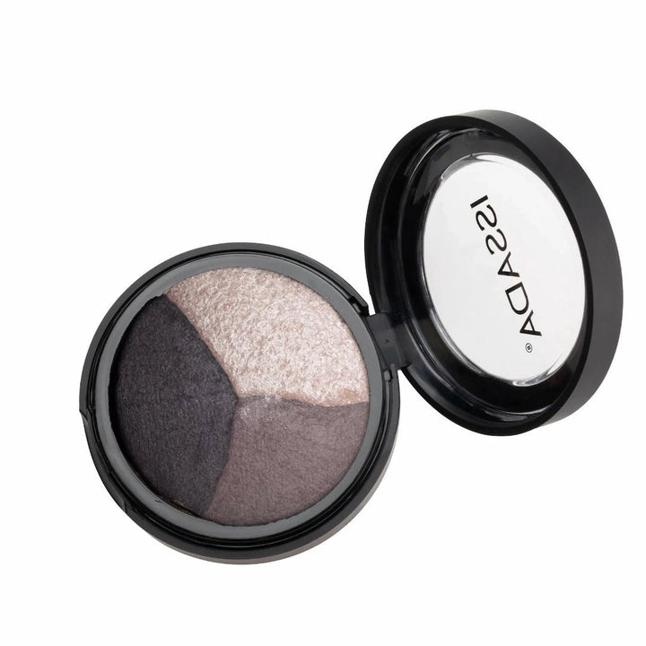 ISSADA Mineral Baked Eye Shadow Trio 3Secrets with smoky grey, charcoal, and pearl shimmer shades on a white background