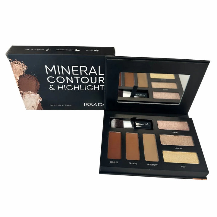 ISSADA Mineral Contour and Highlight palette with shades and a packaging box on a white background