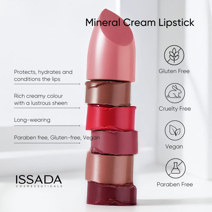Issada Mineral Cream Lipstick display showing stacked lipstick shades with text highlighting benefits such as hydration, rich creamy colour, long wear, and being paraben-free, gluten-free, and vegan.