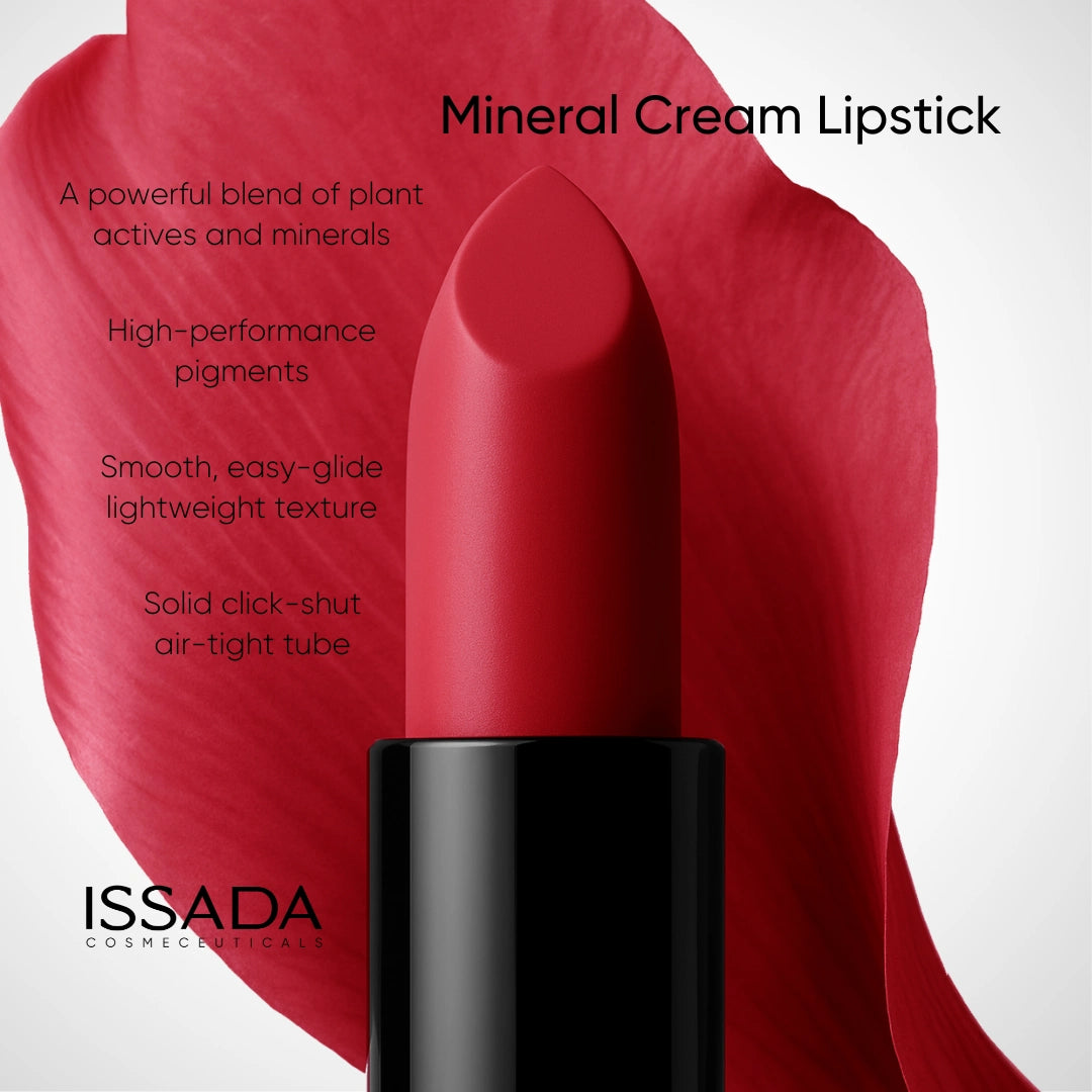 Issada Mineral Cream Lipstick with feature highlights including plant actives, minerals, high-performance pigments, lightweight texture, and an air-tight click-shut tube. Issada Mineral Cream Lipstick with feature highlights including plant actives, minerals, high-performance pigments, lightweight texture, and an air-tight click-shut tube.