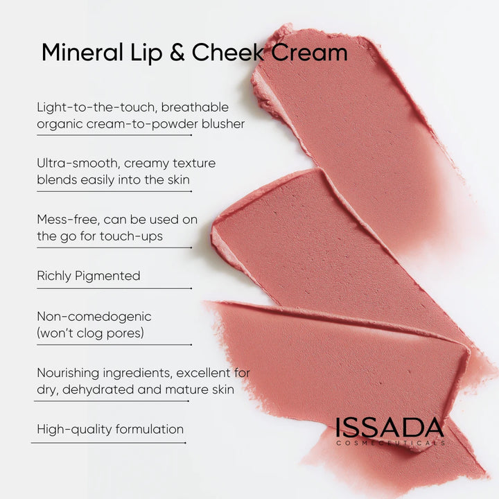 Issada Mineral Lip & Cheek Cream swatched in a soft pink tone, featuring text that describes its lightweight, breathable cream-to-powder texture, rich pigmentation, non-comedogenic formula, and nourishing ingredients ideal for dry or mature skin.