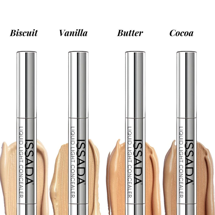 Four tubes of ISSADA Mineral Liquid Light Concealer with colour swatches labelled 'Biscuit', 'Vanilla', 'Butter', and 'Cocoa'.