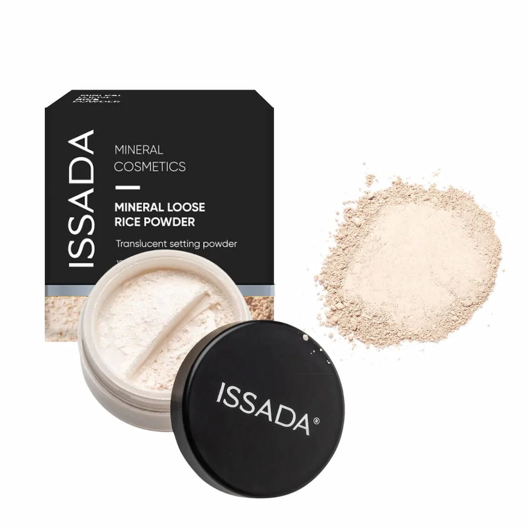 ISSADA mineral loose rice powder in cool shade with packaging and powder on a white background ISSADA mineral loose rice powder in cool shade with packaging and powder on a white background