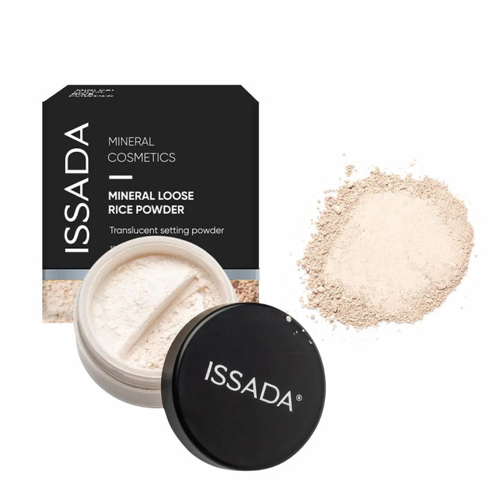 ISSADA mineral loose rice powder in cool shade with packaging and powder on a white background