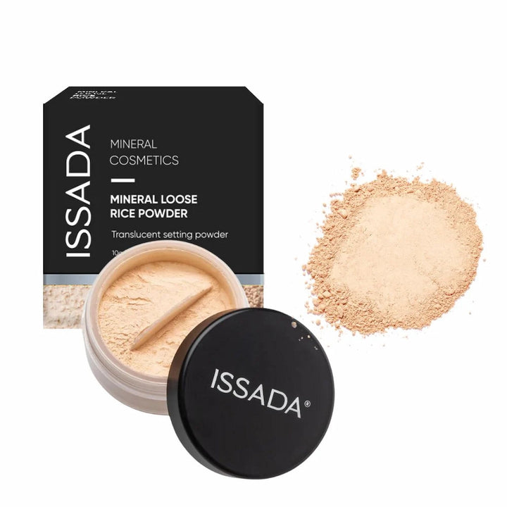 ISSADA mineral loose rice powder in warm shade with packaging and powder on a white background