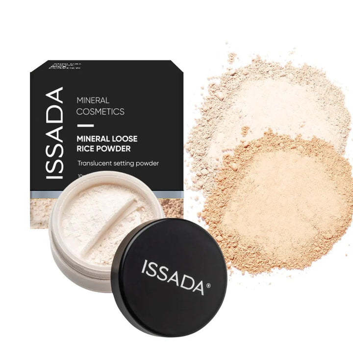 ISSADA mineral loose rice powder with packaging and powder on a white background