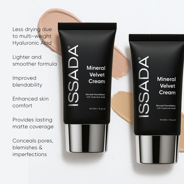 Issada Mineral Velvet Cream foundation with key benefits and smoother formula