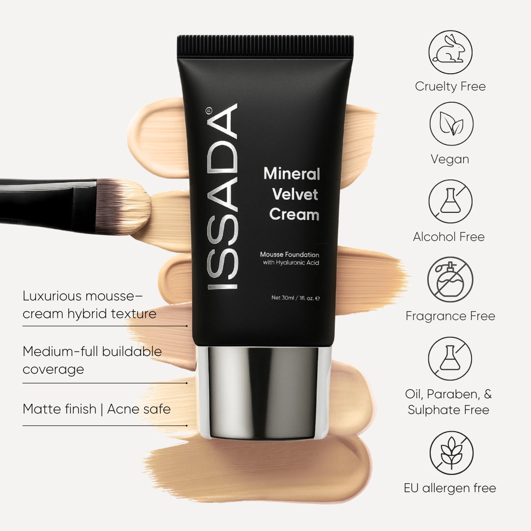 Issada Mineral Velvet Cream foundation with buildable coverage, matte finish and cruelty free vegan formula Issada Mineral Velvet Cream foundation with buildable coverage, matte finish and cruelty free vegan formula