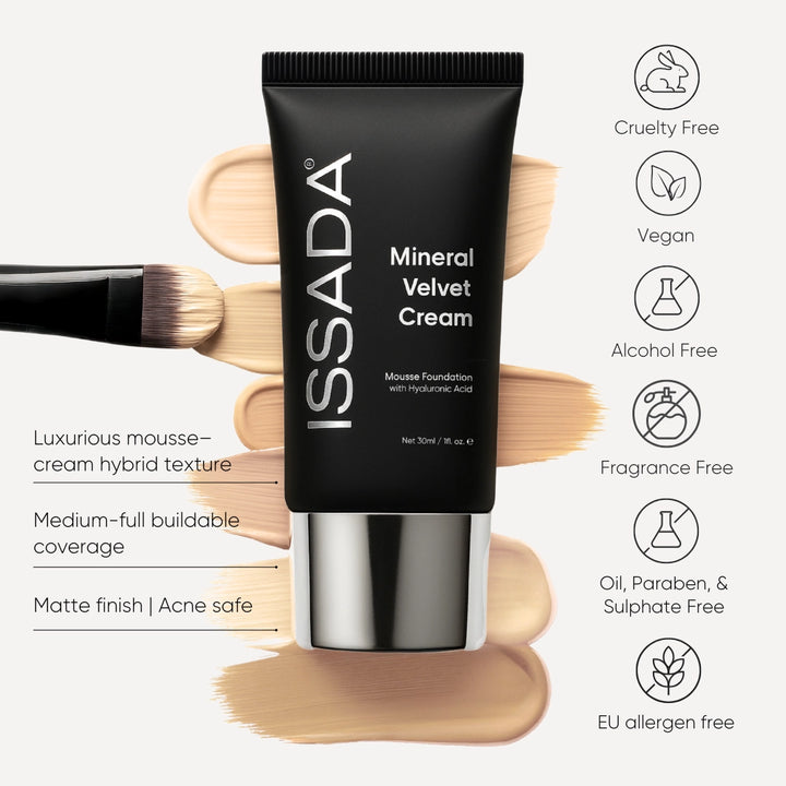 Issada Mineral Velvet Cream foundation with buildable coverage, matte finish and cruelty free vegan formula