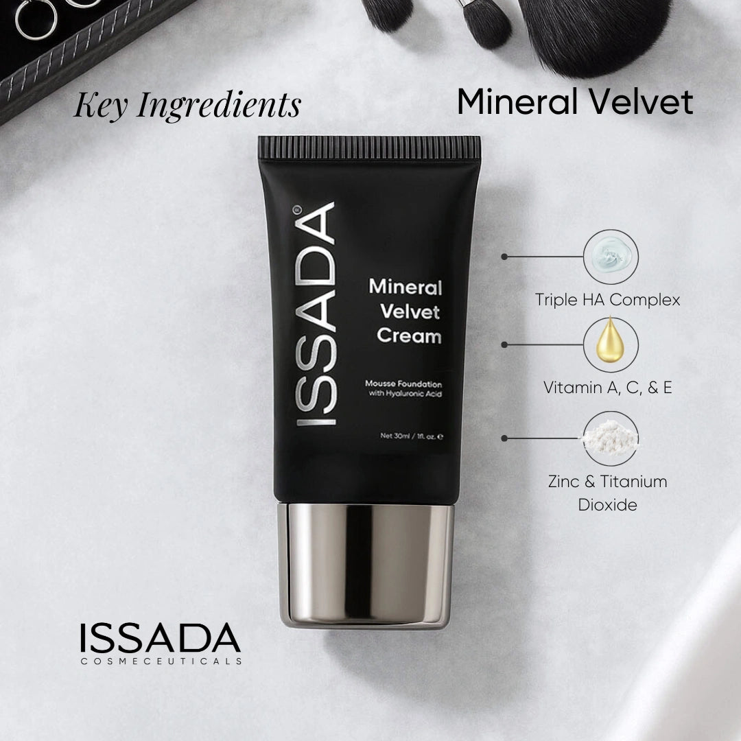 Issada Mineral Velvet Cream foundation with key ingredients including Hyaluronic Acid, Vitamins A C E, Zinc and Titanium Dioxide Issada Mineral Velvet Cream foundation with key ingredients including Hyaluronic Acid, Vitamins A C E, Zinc and Titanium Dioxide