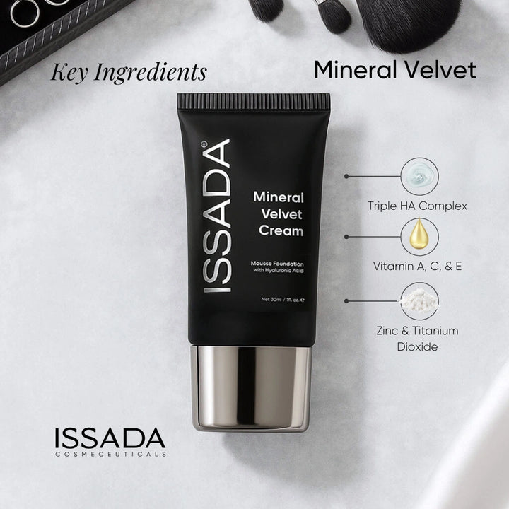 Issada Mineral Velvet Cream foundation with key ingredients including Hyaluronic Acid, Vitamins A C E, Zinc and Titanium Dioxide