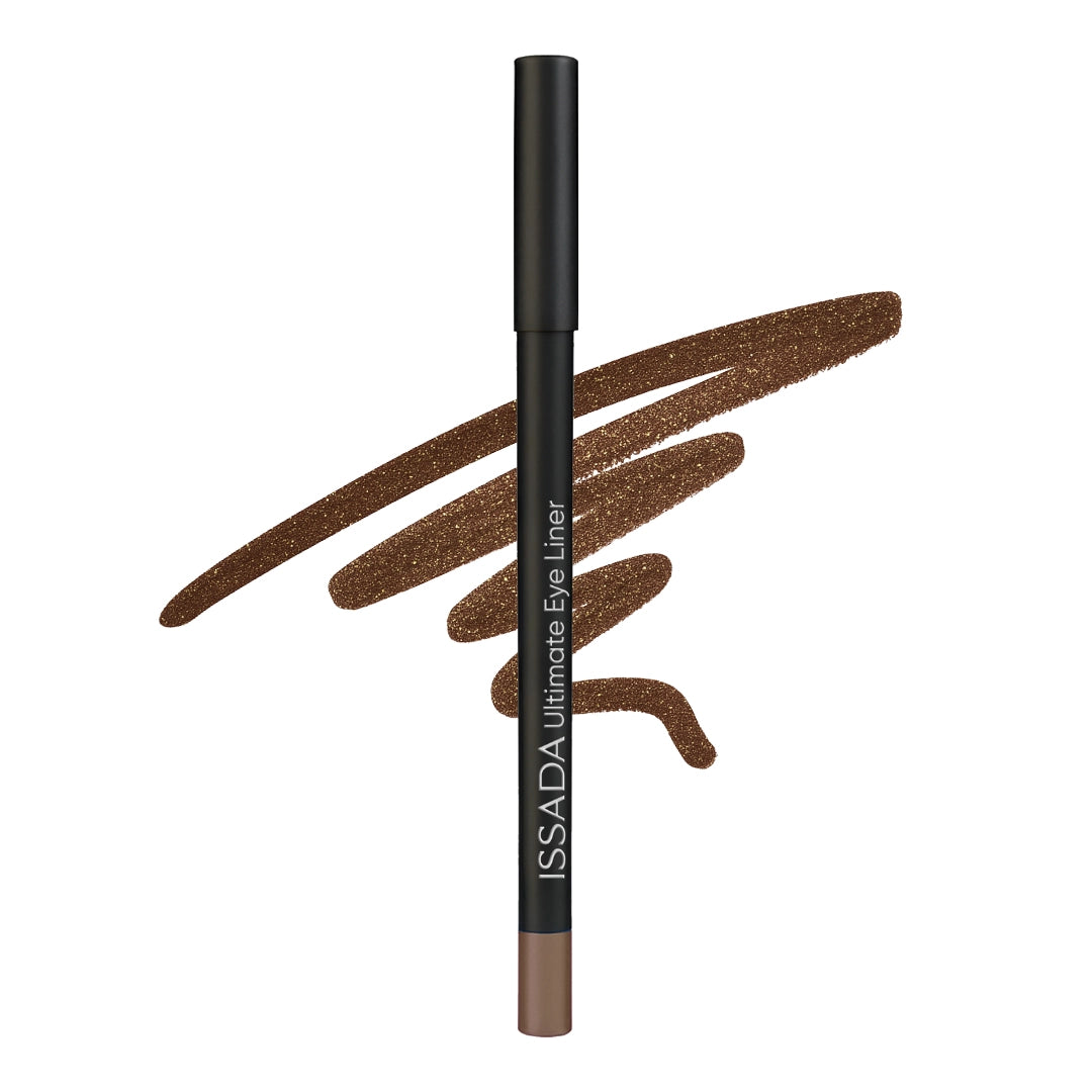 Issada Ultimate Eye Liner in Mythology, a rich bronze-brown eyeliner pencil shown with a shimmery brown swatch behind it. Issada Ultimate Eye Liner in Mythology, a rich bronze-brown eyeliner pencil shown with a shimmery brown swatch behind it.