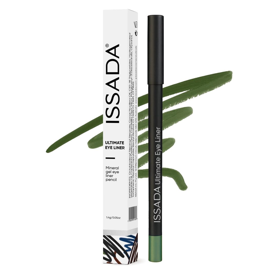 Issada Ultimate Eye Liner in Moss Agate, a rich earthy green mineral gel eyeliner pencil shown with its matching green swatch and box. Issada Ultimate Eye Liner in Moss Agate, a rich earthy green mineral gel eyeliner pencil shown with its matching green swatch and box.
