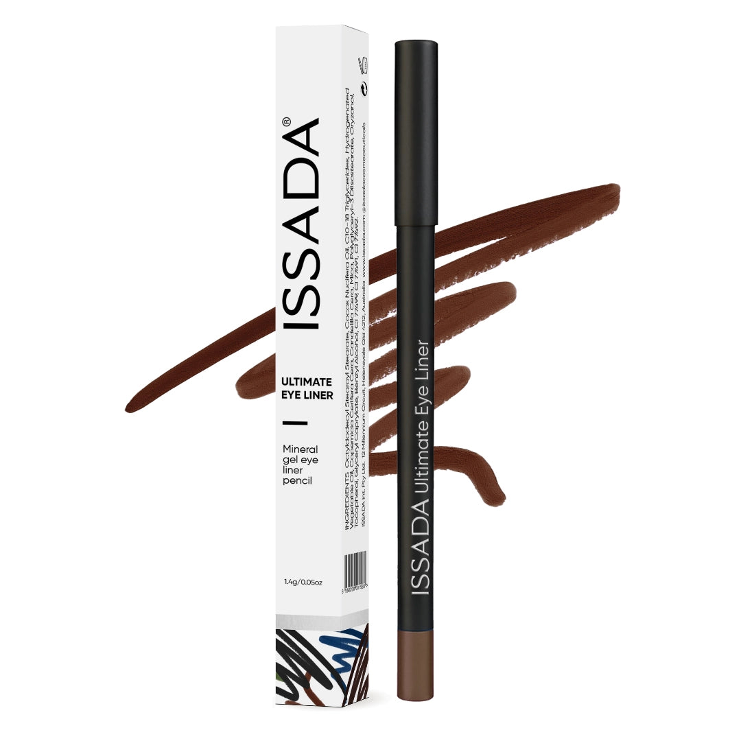 Issada Ultimate Eye Liner in Mythology, a rich warm chestnut brown mineral gel eyeliner pencil shown with matching brown swatch and box. Issada Ultimate Eye Liner in Mythology, a rich warm chestnut brown mineral gel eyeliner pencil shown with matching brown swatch and box.