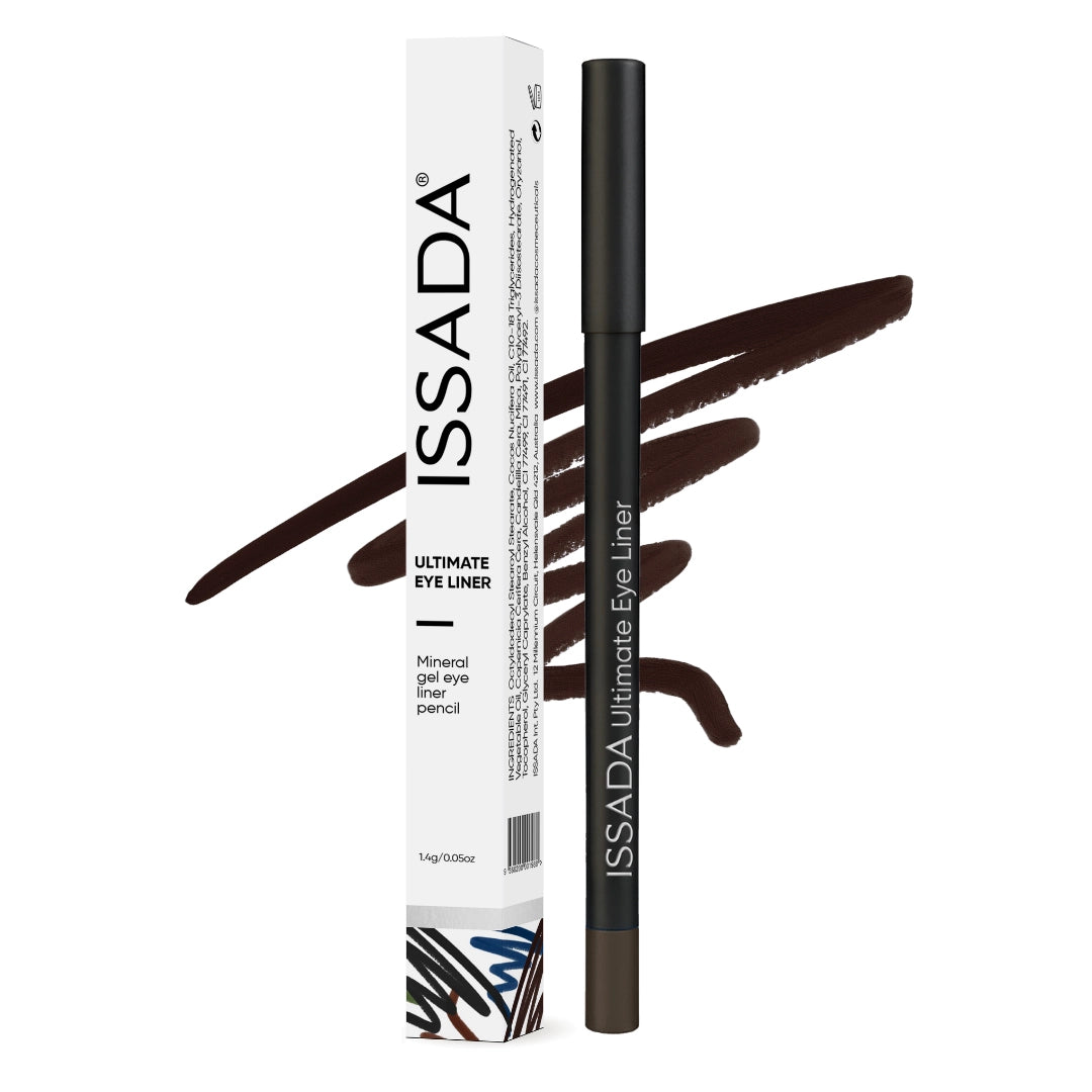 Issada Ultimate Eye Liner in Quest, a deep espresso brown mineral gel eyeliner pencil shown with its matching brown swatch and box. Issada Ultimate Eye Liner in Quest, a deep espresso brown mineral gel eyeliner pencil shown with its matching brown swatch and box.