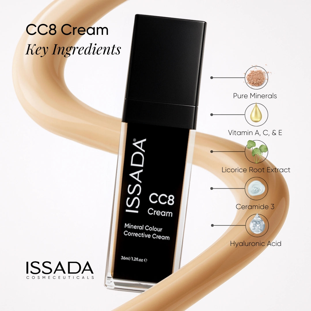Issada CC8 Cream Nordic Snow key ingredients β Pure Minerals, Vitamins A C & E, Licorice Root Extract, Ceramide 3, and Hyaluronic Acid Issada CC8 Cream Nordic Snow key ingredients β Pure Minerals, Vitamins A C & E, Licorice Root Extract, Ceramide 3, and Hyaluronic Acid