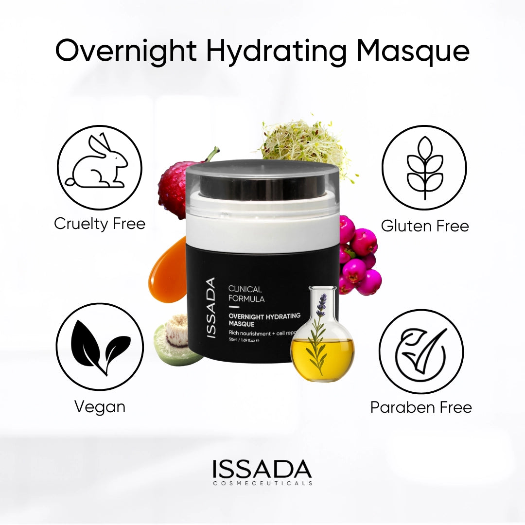 Issada Clinical Formula Overnight Hydrating Masque displayed with natural ingredients and icons indicating it is cruelty free, vegan, gluten free, and paraben free. Issada Clinical Formula Overnight Hydrating Masque displayed with natural ingredients and icons indicating it is cruelty free, vegan, gluten free, and paraben free.