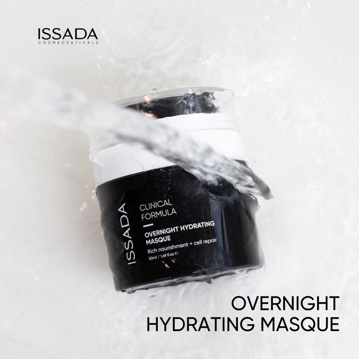 Issada Clinical Formula Overnight Hydrating Masque shown with a splash of water, highlighting its rich hydration and moisture-boosting formula for deep skin nourishment.