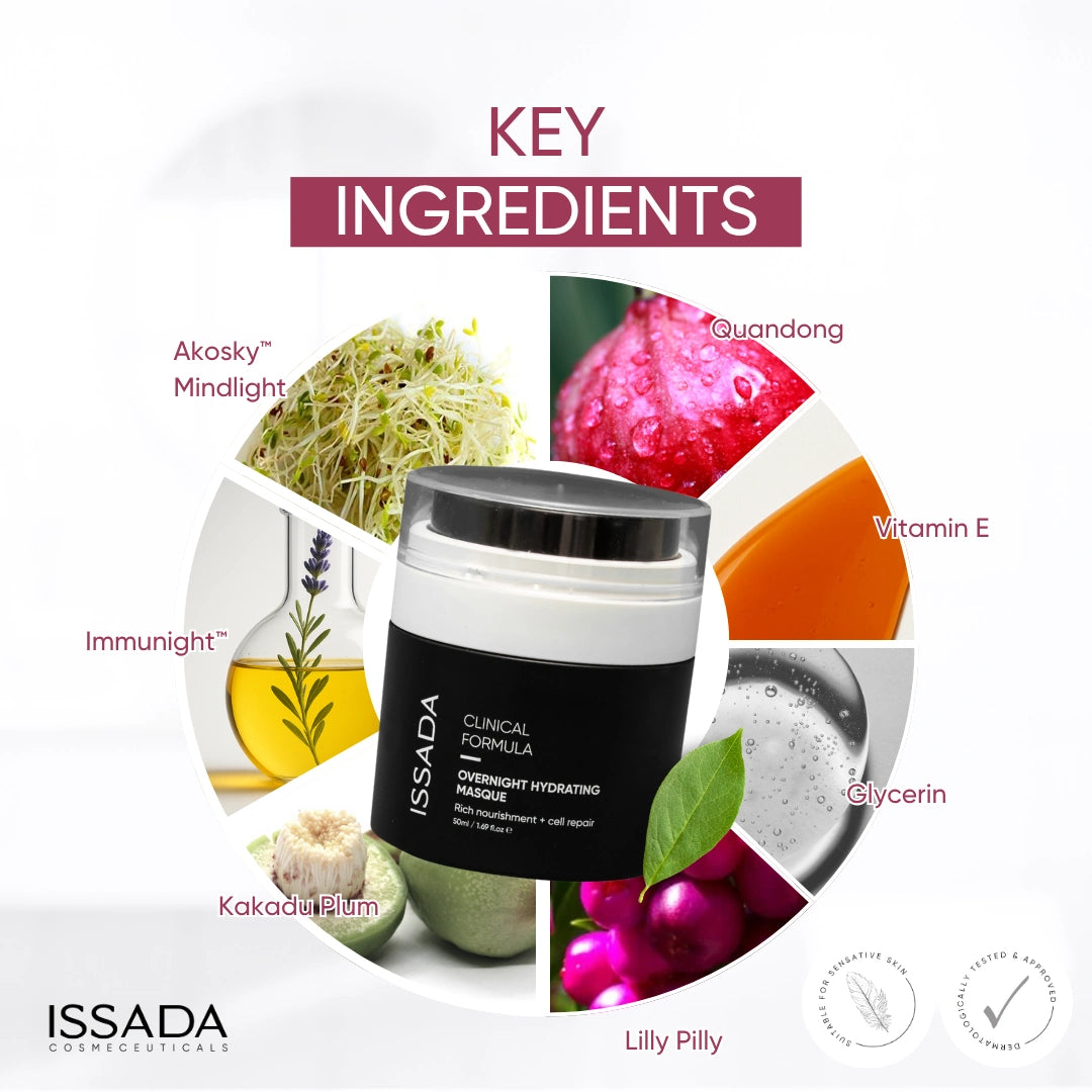 Issada Clinical Formula Overnight Hydrating Masque surrounded by its key ingredients, including Kakadu Plum, Quandong, Vitamin E, Glycerin, Lilly Pilly, Immunightâ„¢, and Akoskyâ„¢ Mindlight. Issada Clinical Formula Overnight Hydrating Masque surrounded by its key ingredients, including Kakadu Plum, Quandong, Vitamin E, Glycerin, Lilly Pilly, Immunightâ„¢, and Akoskyâ„¢ Mindlight.