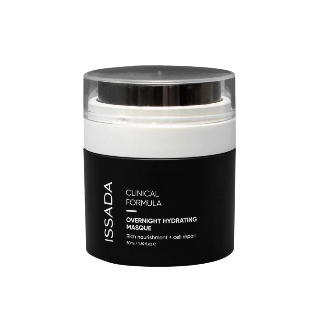 Issada Clinical Formula Overnight Hydrating Masque jar with a clear lid and black-and-white packaging, highlighting its nourishing and cell-repair formula. Issada Clinical Formula Overnight Hydrating Masque jar with a clear lid and black-and-white packaging, highlighting its nourishing and cell-repair formula.