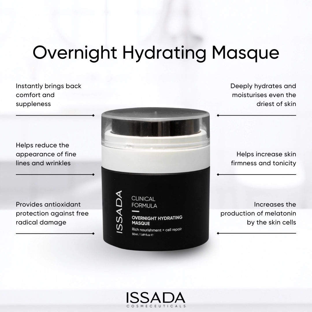 Issada Clinical Formula Overnight Hydrating Masque displayed with key benefits listed, including deep hydration, improved firmness, reduced fine lines, antioxidant protection, and enhanced melatonin production in skin cells. Issada Clinical Formula Overnight Hydrating Masque displayed with key benefits listed, including deep hydration, improved firmness, reduced fine lines, antioxidant protection, and enhanced melatonin production in skin cells.