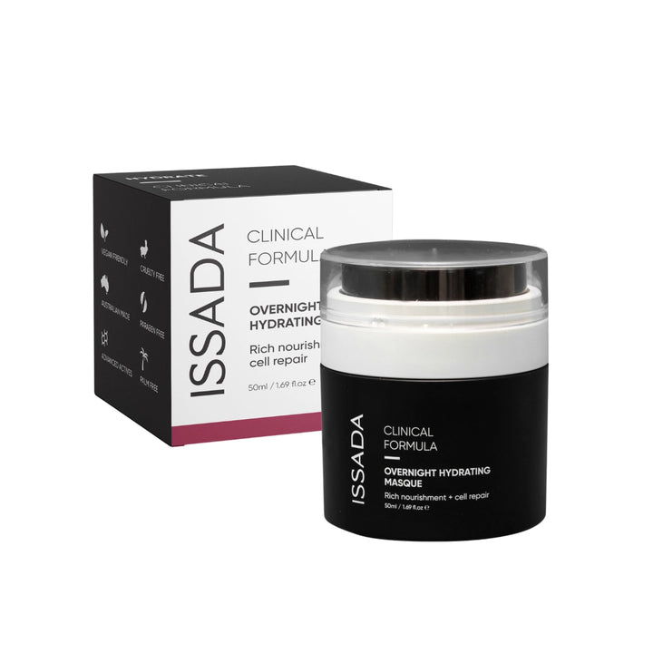 Issada Clinical Formula Overnight Hydrating Masque jar displayed with its box packaging, highlighting features such as vegan-friendly, cruelty-free, and Australian made.