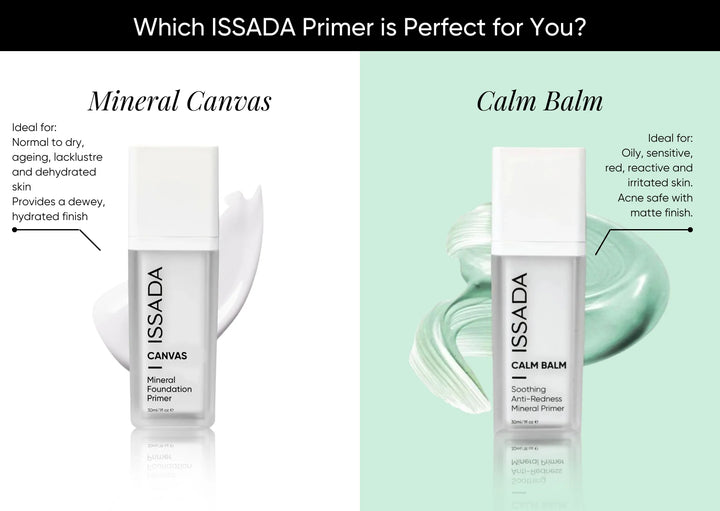 Issada Mineral Canvas Primer vs Calm Balm Primer comparison, hydrating dewy finish for dry skin vs soothing matte finish for oily, sensitive skin