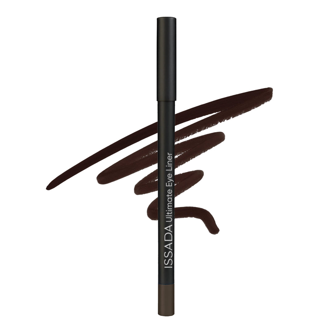 Issada Ultimate Eye Liner in Quest, a deep chocolate brown eyeliner pencil displayed with a rich, matte brown swatch behind it. Issada Ultimate Eye Liner in Quest, a deep chocolate brown eyeliner pencil displayed with a rich, matte brown swatch behind it.